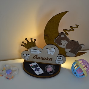 Veilleuse lune ours en bois personnalisée : décoration de chambre d&#39;enfant personnalisée