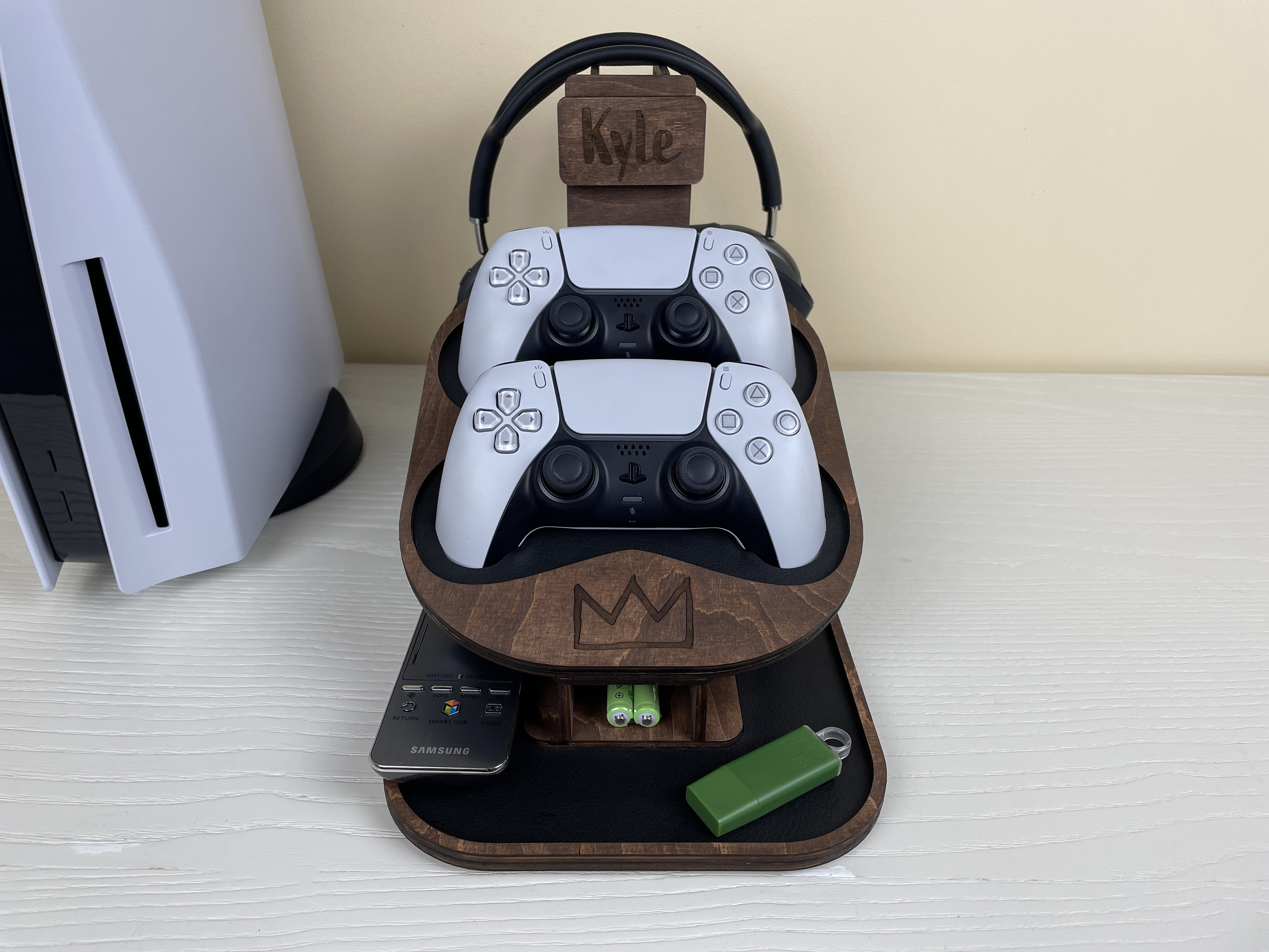 Support En Bois Pour Manettes De Jeu Et Casque - 2 Niveaux - Coussinets Antidérapants - Compatible PS5, Xbox, Switch