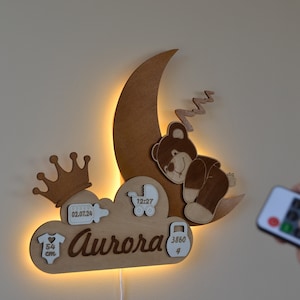 Personalisierte Holz Nachtlicht | Benutzerdefinierte Baby Zimmer Licht | Kinderzimmer Beleuchtung mit Fernbedienung | Wandhalterung | Geschenk für Neugeborene
