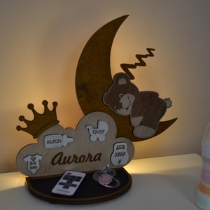 Veilleuse lune ours en bois avec télécommande | Nom personnalisable | Éclairage de chambre de bébé | Cadeau bébé | Décoration de chambre d&#39;enfant