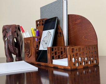 Wood Desk Organizer with Pen Holder | Business Card Holder | File Organizer | Office Accessories | Country Map Design