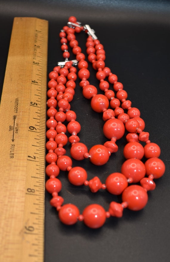 Red/Coral color 3-strand bead Necklace, Marked Ja… - image 6