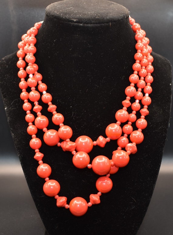 Red/Coral color 3-strand bead Necklace, Marked Ja… - image 1