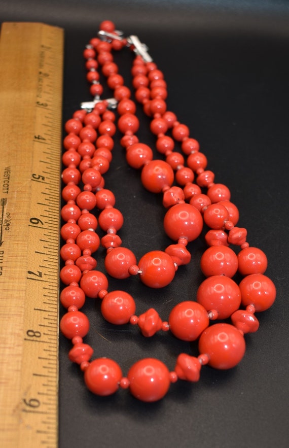 Red/Coral color 3-strand bead Necklace, Marked Ja… - image 7