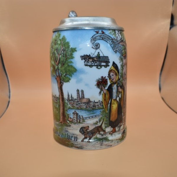 Vintage Handarbeit TK West Germany stein  Young girl with small dog scene