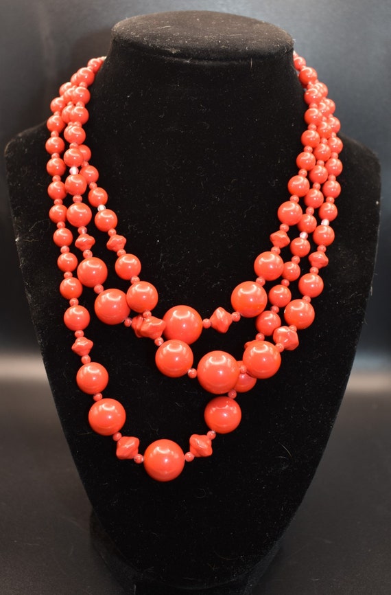 Red/Coral color 3-strand bead Necklace, Marked Ja… - image 2