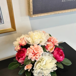 Pink and White Peony Round Arrangement, Artificial Faux Centerpiece, Faux Florals, Silk Flower Arrangement in Round White Planter
