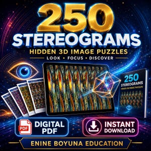 Può includere: Una collezione digitale di 250 stereogrammi con puzzle di immagini 3D nascoste. Il set include un tablet che mostra un motivo astratto colorato, un libro intitolato 250 Stereograms e quattro carte. Il testo include Look, Focus, Discover.