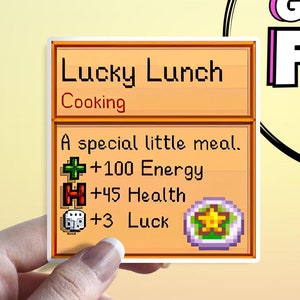 Lucky Lunch-sticker: Stardew Valley-recept waterdichte pixelstijlsticker - decor voor laptops, Kindles, iPads, tijdschriften en waterflessen
