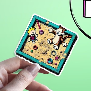 Sandbox Sticker: Calvin & Hobbes Playful Waterproof Fun in the Sand Sticker - Decor for Laptops, Kindles, iPads, Journals and Water Bottles