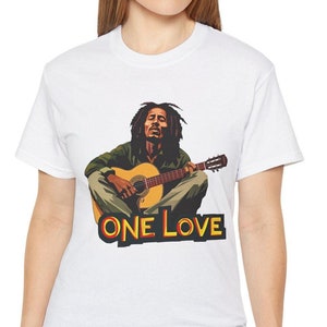 Bob Marley T-Shirt: One Love Guitar, Jamaican Cotton Reggae Shirt - Unisex Tee, Quality Clothing, Comfortable Crew Neck Short Sleeve Apparel