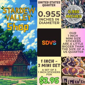 A promotional image for the Stardew Valley Shop on Etsy, comparing the size of a 1-inch mini sticker to a US quarter. Stickers are slightly larger than a quarter and a set of three 1-inch stickers for $3.95. From Etsy store Stardew Valley Shop. SDVS.