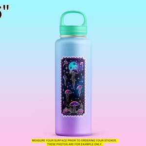 A 6-inch holographic sticker of dance of the moonlight jellies stardew valley video game with a starry night background displayed on a pastel gradient water bottle. From Etsy store Stardew Valley Shop. SDVS