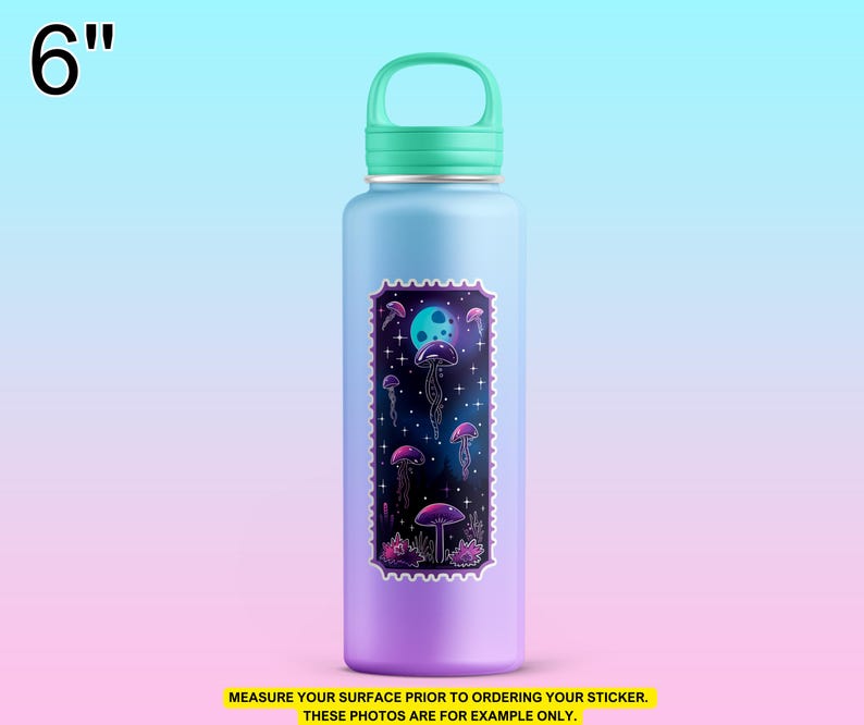 A 6-inch holographic sticker of dance of the moonlight jellies stardew valley video game with a starry night background displayed on a pastel gradient water bottle. From Etsy store Stardew Valley Shop. SDVS