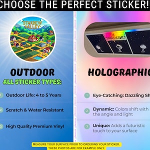 A detailed description of the durability of outdoor stickers, alongside a detailed description of Holographic type stickers from Etsy store Stardew Valley Shop. SDVS.