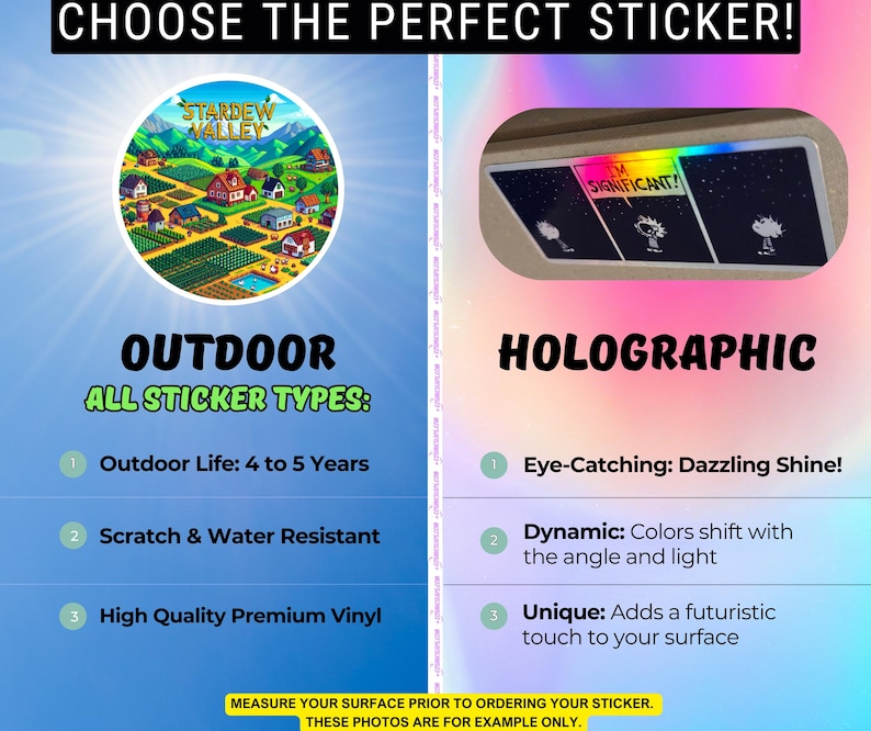 A detailed description of the durability of outdoor stickers, alongside a detailed description of Holographic type stickers from Etsy store Stardew Valley Shop. SDVS.