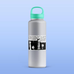 A sticker water bottle mockup depicting a beautiful quality calvin and hobbes black and white sticker as they ponder infinity. From Stardew Valley Shop Etsy Sticker Store. SDVS