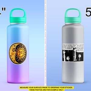 A 4-inch sticker of a sun and moon design on a purple and blue gradient water bottle, and a 5-inch black-and-white Calvin and Hobbes comic strip on a grey water bottle. From Etsy store Stardew Valley Shop. SDVS.