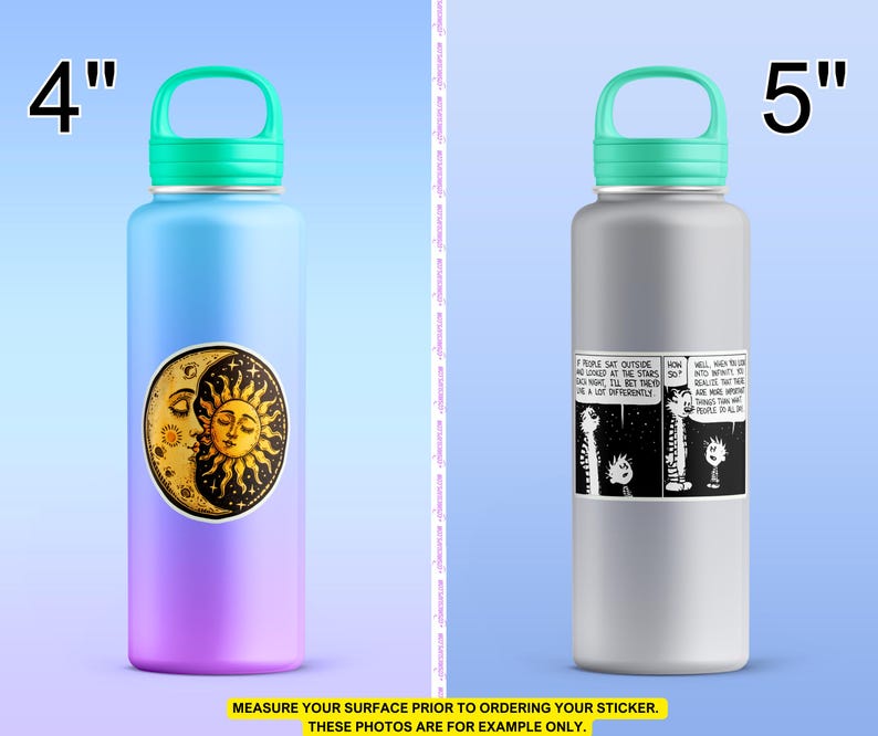 A 4-inch sticker of a sun and moon design on a purple and blue gradient water bottle, and a 5-inch black-and-white Calvin and Hobbes comic strip on a grey water bottle. From Etsy store Stardew Valley Shop. SDVS.