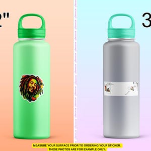 Two stickers displayed on water bottles—a 2-inch Bob Marley sticker on a green bottle and a 3-inch Calvin and Hobbes comic strip on a grey bottle. From Etsy store Stardew Valley Shop. SDVS.