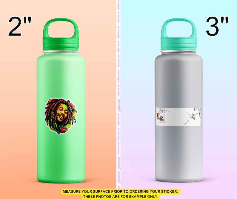 Two stickers displayed on water bottles—a 2-inch Bob Marley sticker on a green bottle and a 3-inch Calvin and Hobbes comic strip on a grey bottle. From Etsy store Stardew Valley Shop. SDVS.
