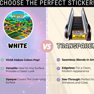 A comparison between a white vinyl sticker and a transparent sticker. The white sticker has a Stardew Valley logo, and the transparent sticker features a humorous escalator design. From Etsy store Stardew Valley Shop. SDVS.