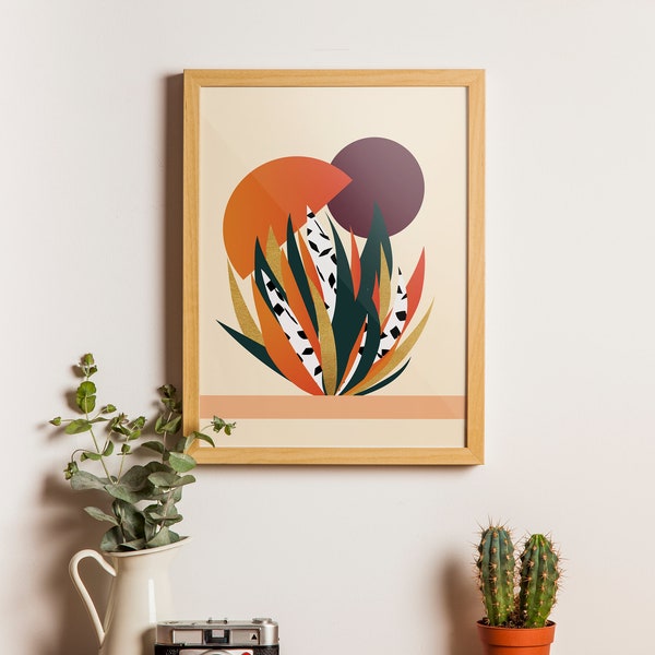 modernes Wandbild für zu Hause oder Büro | digital & druckbar | geometrisch, bunt, orange, rot, pflanzen, boho | Kunst und Illustration