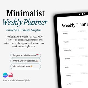 Weekly Planner Printable, Minimalist Weekly Schedule, Weekly Organizer, Week at a Glance, Canva Editable, A4 A5 Letter.