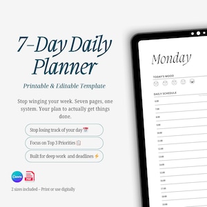 Puede incluir: Una plantilla digital de planificador diario de 7 días, imprimible y editable. El planificador incluye secciones para horarios diarios, seguimiento del estado de ánimo, principales prioridades, listas de tareas y consumo de agua. El diseño es en blanco y negro.