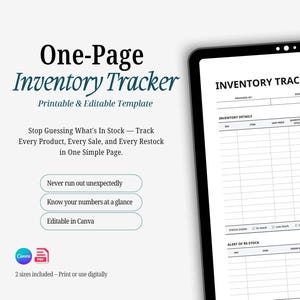 Puede incluir: Una plantilla de seguimiento de inventario de una página mostrada en la pantalla de una tableta. El documento incluye secciones para detalles de inventario, seguimiento de artículos y alertas de reabastecimiento con columnas para SKU, artículo, precio, cantidad y estado. El texto incluye One-Page Inventory Tracker, Printable & Editable Template y Stop Guessing What's In Stock.