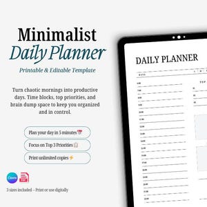 Daily Planner PDF Printable, Canva Editable Template, Workday Schedule, Hourly Agenda, Productivity To-Do List, A4 A5 Letter