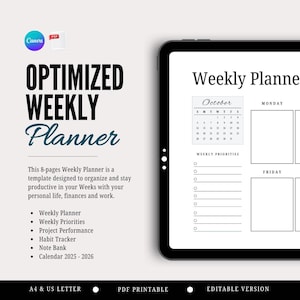 Printable Weekly Planner 2.0 PDF, Undated, Minimalist and optimized Planner for Productivity, Habits Workday Schedule, Weekly Schedule Pages