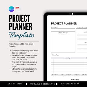 Puede incluir: Una plantilla digital de planificador de proyectos con el título "PROJECT PLANNER Template" en negro y verde azulado. La plantilla incluye secciones para la descripción general del proyecto, el plan de acción y las notas. Está diseñada para tamaño A4 y US LETTER y es imprimible y digitalmente utilizable.