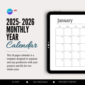 2025 2026 Monthly Calendar, Printable and Editable Annual Planner, Minimalist Digital Planner, A4. GoodNotes, iPad & Tablet Planner.