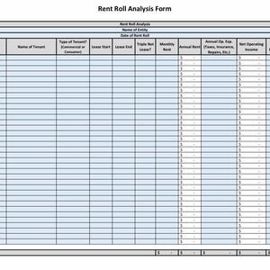 Può includere: Un modulo di analisi del registro degli affitti bianco e blu con più colonne per i dettagli della proprietà, le informazioni sull'inquilino e i dati finanziari. Il modulo include sezioni per l'affitto mensile, le spese annuali e il reddito operativo netto. Il titolo è "Rent Roll Analysis Form".