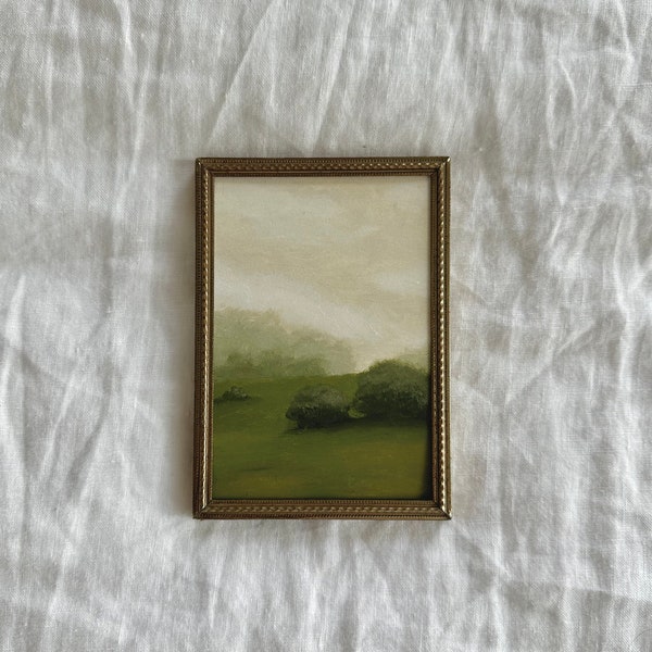 Original mini oil painting with frame, green field landscape art, vintage art