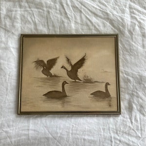 Original oil framed painting, vintage duck art, framed canvas art