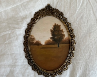 Original oval oil painting in antique frame, moody countryside landscape art, vintage art