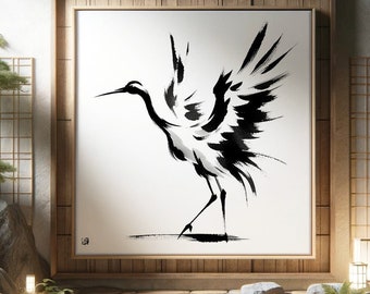 Graceful Japanese Crane Wall Art - Zen Sumi-e Japandi Decor - Minimal Animal Print - Large Wabi Sabi Painting