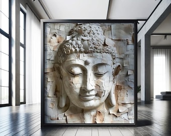 May include: A white, textured, 3D sculpture of a Buddha's face with closed eyes. The sculpture is made of many small pieces of paper or fabric, creating a mosaic effect.