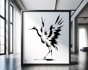 Japanese Crane Wall Art - Sumi-e Japandi Art - Minimalist Animal Print - Large Wall Art, Printable Wall Art