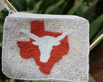 Portamonete con perline dei Texas Longhorns, Portamonete dei Texas Longhorns, Accessori dell'Università del Texas, UT Longhorns, Accessori UT Longhorns, Texas