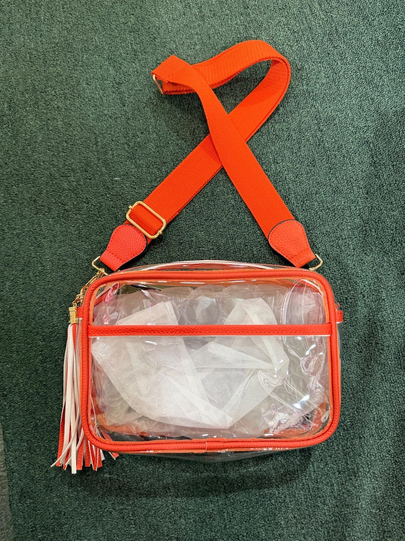 Bolso bandolera para el día del partido, bolsos transparentes para el día del partido, accesorios para el día del partido, bolsos transparentes para estadios, bolsos para estadios, bolso transparente para festivales, bolso transparente para conciertos Naranja