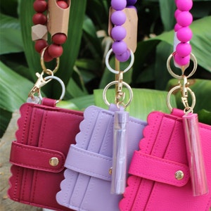 Monederos con llavero, llavero tipo pulsera, billetera de cuero, tarjetero, billetera con llavero, billetera rosa, billetera morada, billetera burdeos