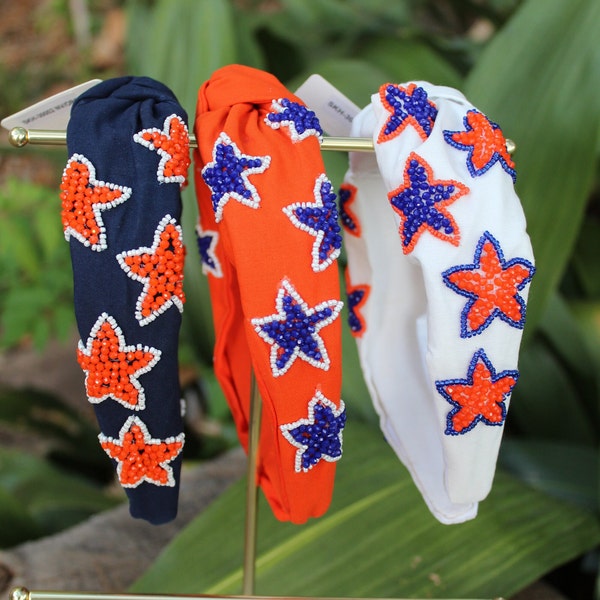 Beaded Stars Top-Knot Headbands, Astros Headband, Houston Astros Accessories, Houston Astros Headbands, Blue and Orange Accessories