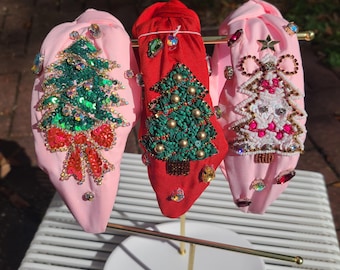 Christmas-themed top-knot headbands, Christmas headbands, Christmas beaded headbands, Christmas Tree headbands, Xmas Tree headband