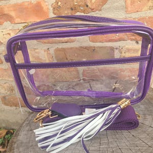 Bolso bandolera para el día del partido, bolsos transparentes para el día del partido, accesorios para el día del partido, bolsos transparentes para estadios, bolsos para estadios, bolso transparente para festivales, bolso transparente para conciertos Morado
