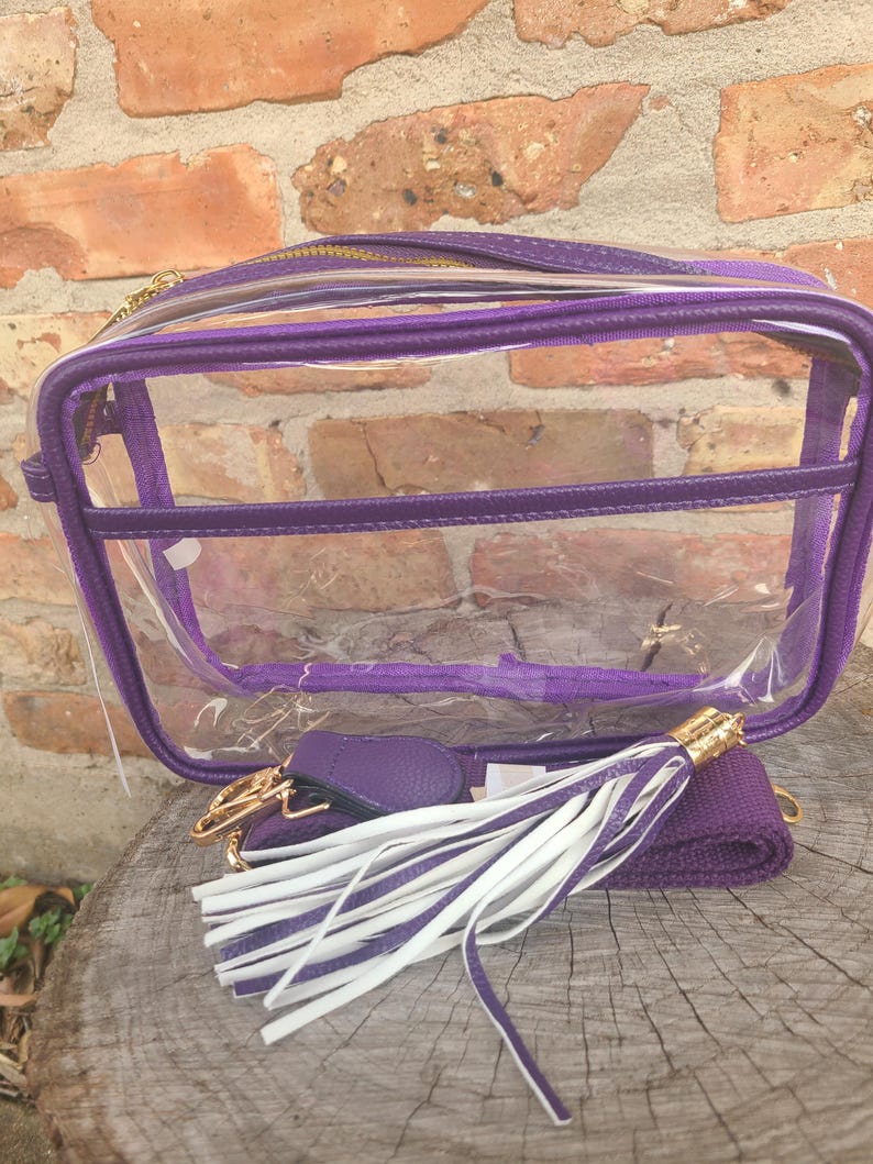 Bolso bandolera para el día del partido, bolsos transparentes para el día del partido, accesorios para el día del partido, bolsos transparentes para estadios, bolsos para estadios, bolso transparente para festivales, bolso transparente para conciertos Morado
