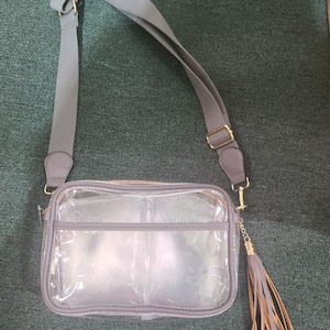 Puede incluir: Un bolso cruzado rectangular transparente con una correa y ribete grises. El bolso presenta un cierre dorado y una borla con hebras grises y bronceadas. El bolso es transparente.
