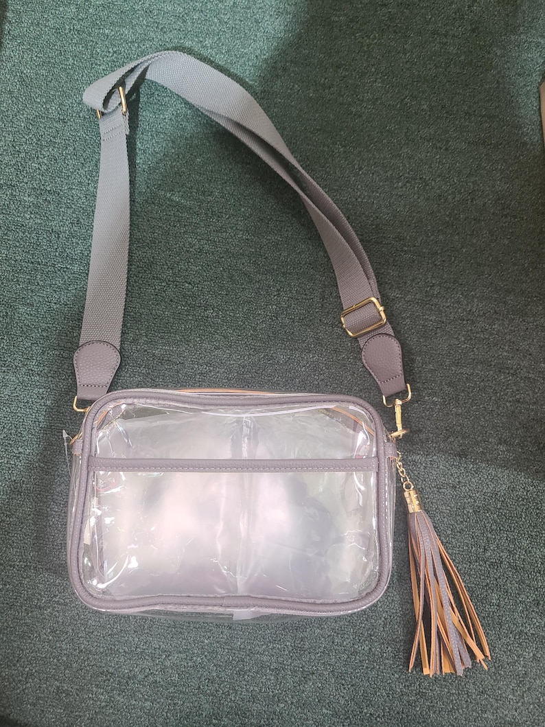 Puede incluir: Un bolso cruzado rectangular transparente con una correa y ribete grises. El bolso presenta un cierre dorado y una borla con hebras grises y bronceadas. El bolso es transparente.